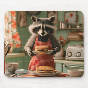 Tapis De Souris Cute Raccoon Chef dans cuisine rétro à servir Panc