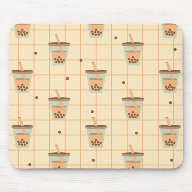 Tapis De Souris Cute Rétro Bubble Lait Thé Motif Grille (Devant)