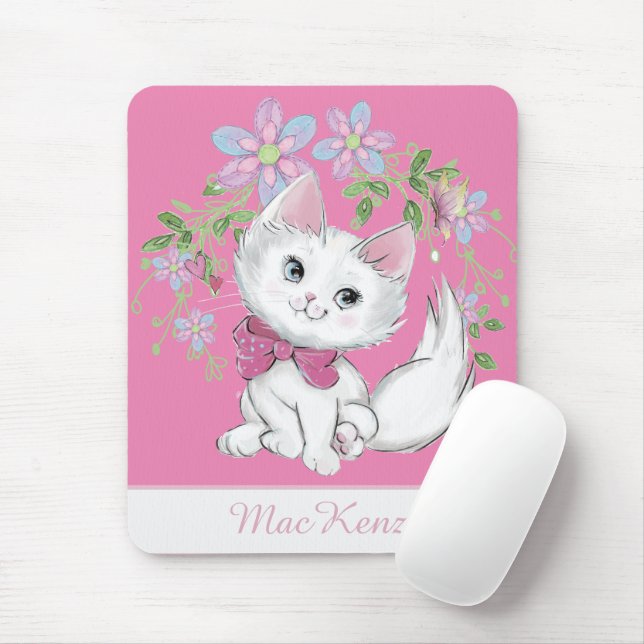 Tapis De Souris Cute rose Kitten et Flowers fille (Avec souris)
