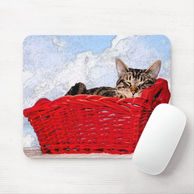 Tapis De Souris Cute Sleeping Kitten dans Panier rouge vif Photo (Avec souris)