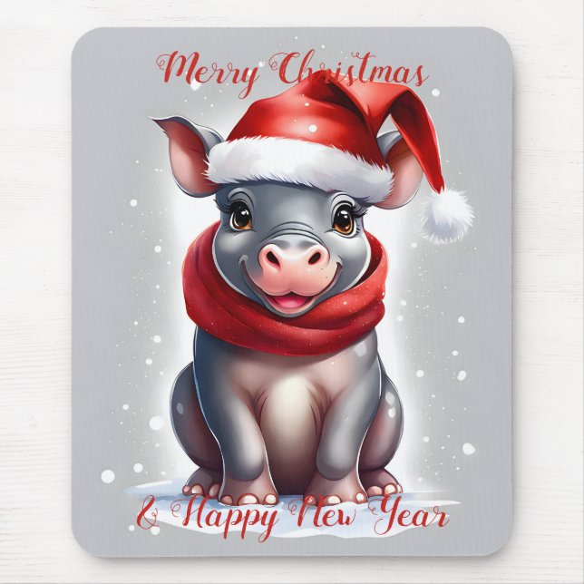 Tapis De Souris Cute Sweet Hippopotamus Santa Hat Nouvel An (Devant)
