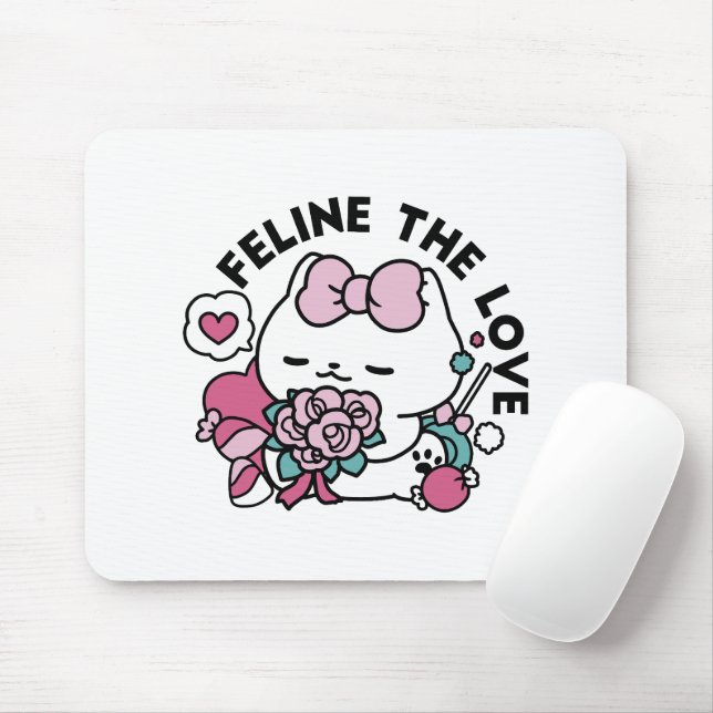 Tapis De Souris Cute Valentine's Cat Design - Feline the Love (Avec souris)