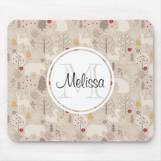 Tapis De Souris Cute Woodland Animaux Motifs nordiques Monogramme (Devant)