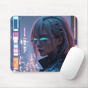 Tapis De Souris Cyberpunk Cityscape Poster Futuriste Femme Hacke