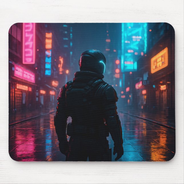 Tapis De Souris Cyberpunk Neon Warrior Mousepad - Futuriste Sci-F (Devant)
