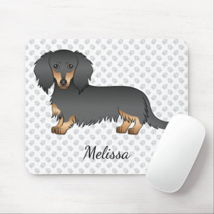 Tapis De Souris Dachshund à poil long noir et feu Cartoon Chien &
