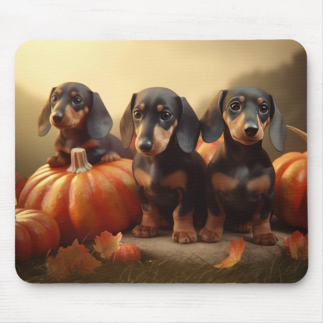 Tapis De Souris Dachshund Chiot Automne Citrouille de plaisir (Devant)