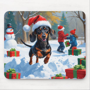 Tapis De Souris Dachshund courant dans la neige avec un chapeau de