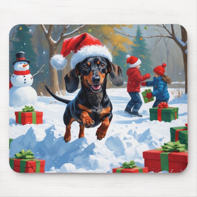 Tapis De Souris Dachshund Courir en neige avec Casquette de Noël (Devant)