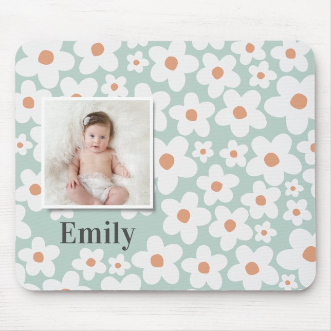 Tapis De Souris Daisy floral boho retro photo turquoise orange (Devant)