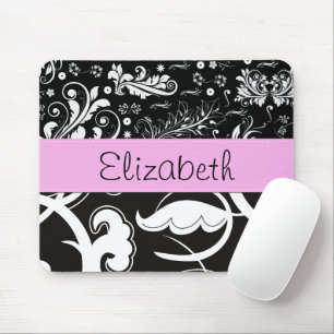Tapis De Souris Damas, Fleurs, Noir et Blanc, Votre nom