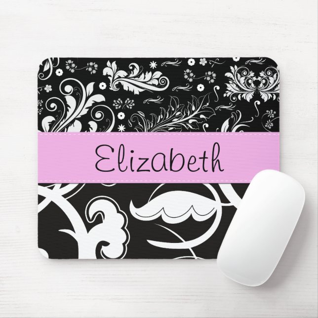 Tapis De Souris Damas, Fleurs, Noir et Blanc, Votre nom (Avec souris)