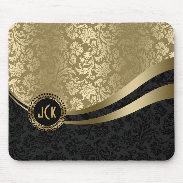 Tapis De Souris Damas Florales Noir & Or Monogrammes 2 (Devant)