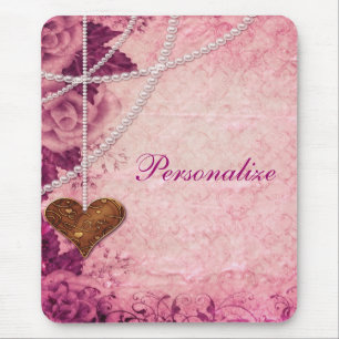 Tapis De Souris Damassé, perles, coeur et roses roses Mousepad