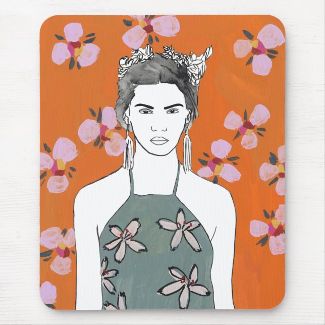 Tapis De Souris Dame aux fleurs roses - Orange (Devant)