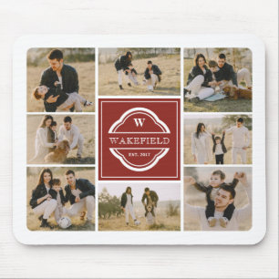 Tapis De Souris Dark Red White Monogram & Year Photo Collage