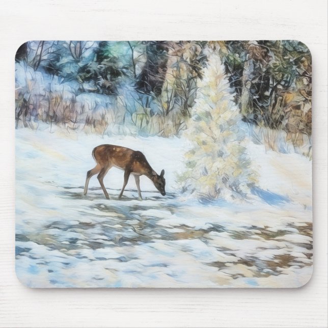 Tapis de souris de Noël couvert de neige avec cerf (Devant)