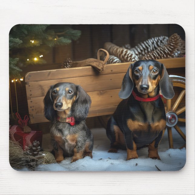Tapis De Souris Décor de Noël Dachshund Snowy Sleigh (Devant)