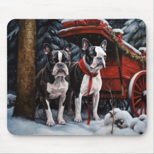 Tapis De Souris Décor de Noël de Boston Terrier Snowy Sleigh