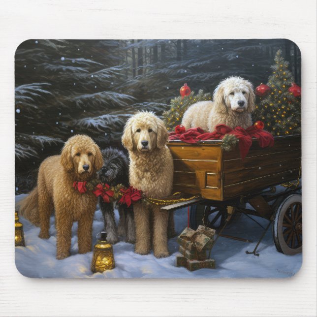 Tapis De Souris Décor de Noël Goldendoodle Snowy Sleigh (Devant)