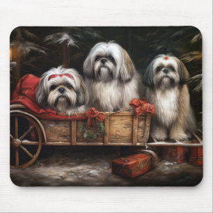 Tapis De Souris Décor de Noël Lhasa Apso Snowy Sleigh