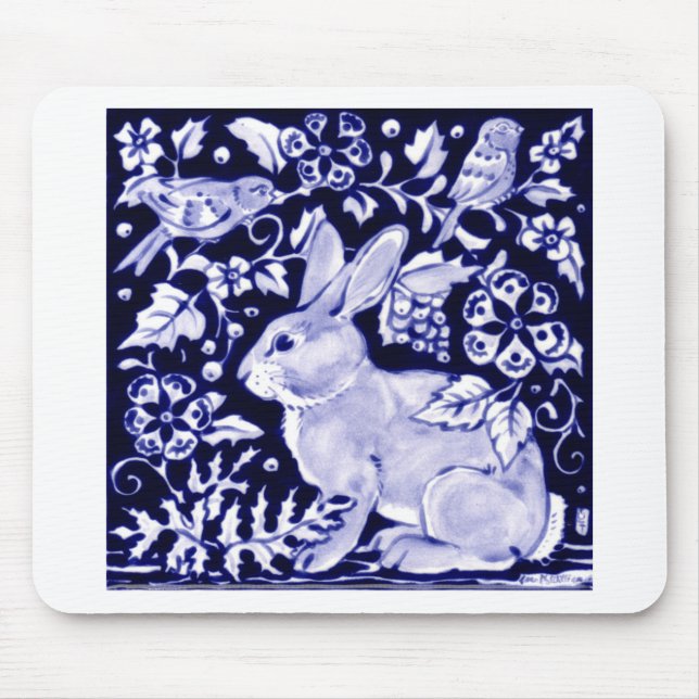 Tapis De Souris Dedham Blue Rabbit, Classic Blue & White Design (Devant)