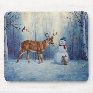 Tapis De Souris Deer et Happy Snowman hiver de vacances scène