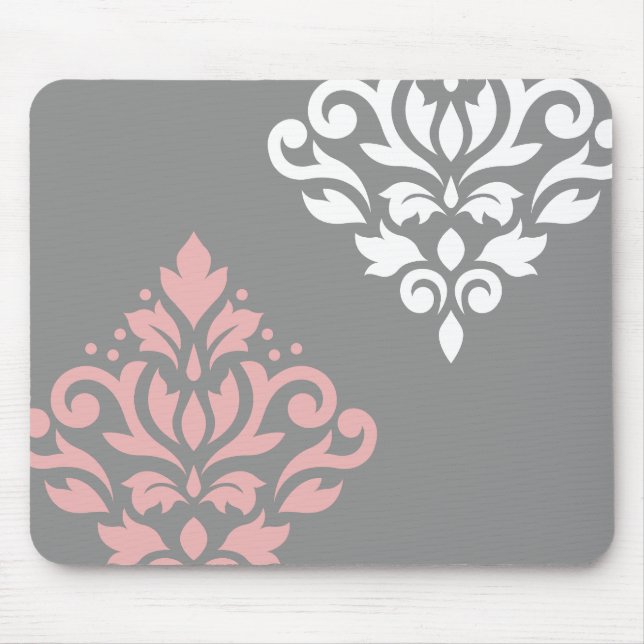 Tapis De Souris Défiler Damask Art I rose blanc gris (Devant)