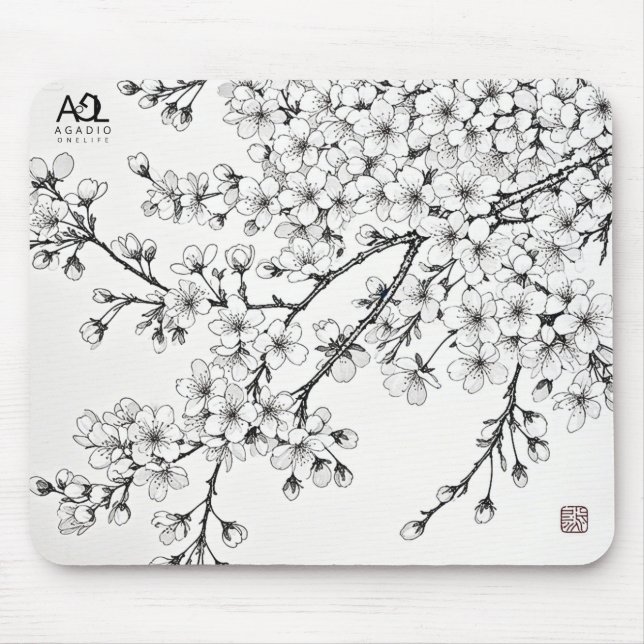 Tapis De Souris Délicat art en fleurs de cerises en monochrome (Devant)