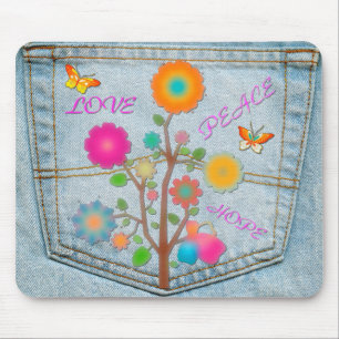 Tapis De Souris Denim Back Fleurs de poche Paix Aimer Espoir