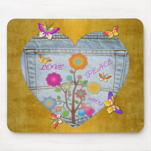 Tapis De Souris Denim Pocket Heart Flowers Papillons sur Or (Devant)
