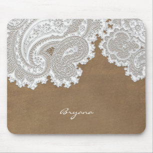 Tapis De Souris Dentelle blanche et Brown rustique chic pays éléga