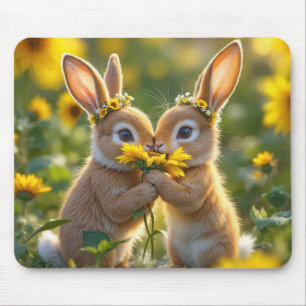 Tapis De Souris Des lapins odorent un tournesol jaune