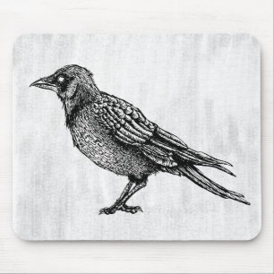 Tapis De Souris Dessin d'encre gothique noir et blanc corbeau