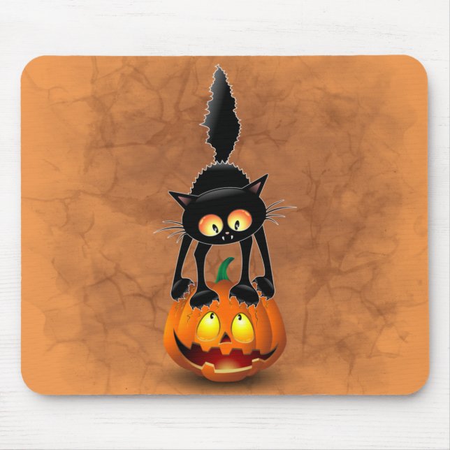Tapis De Souris Dessin d'Halloween au chat effrayé sur Citrouille (Devant)
