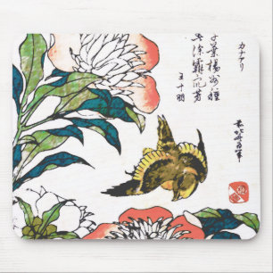 Tapis De Souris Dessin japonais vintage, Peonies et Bruant