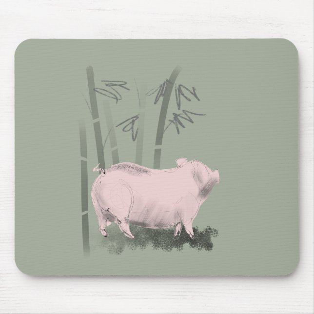 Tapis De Souris Dessin original Cochon et Bambou Mousepad (Devant)