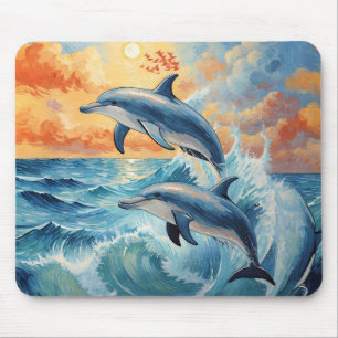 Tapis De Souris Deux dauphins de saut artistique Coucher de soleil