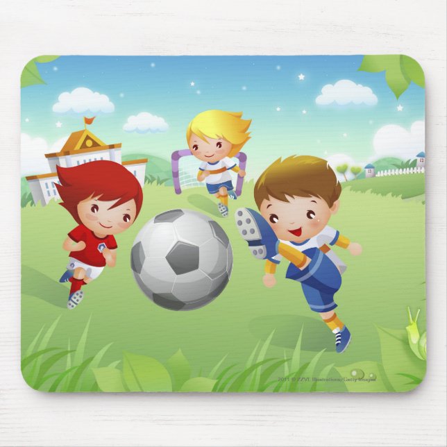 Tapis De Souris Deux filles et un garçon jouant au football (Devant)