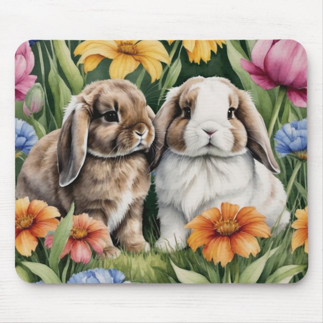 Tapis De Souris Deux lapins de lapin de lapin de petite lop (Devant)
