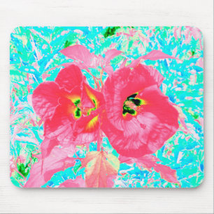 Tapis De Souris Deux Rosy Red Coral Plum Crazy Hibiscus sur Aqua
