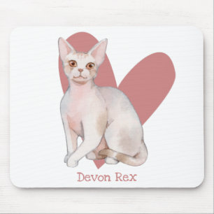 Tapis De Souris Dévon Rex Chat Aquarelle Kitty Coeur rose
