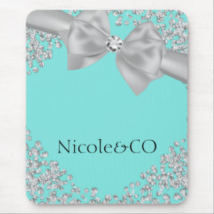 Tapis De Souris Diamants Personnalisés Glam Bleu Gros Nœud Blanc