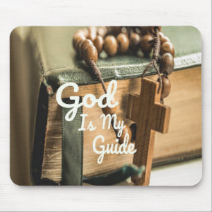 Tapis De Souris Dieu est mon guide Bible et Croix du Rosaire