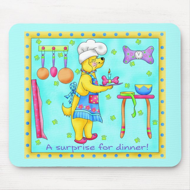 Tapis De Souris Dîner Cuisine Chef Chien Art Turquoise Mousepad (Devant)