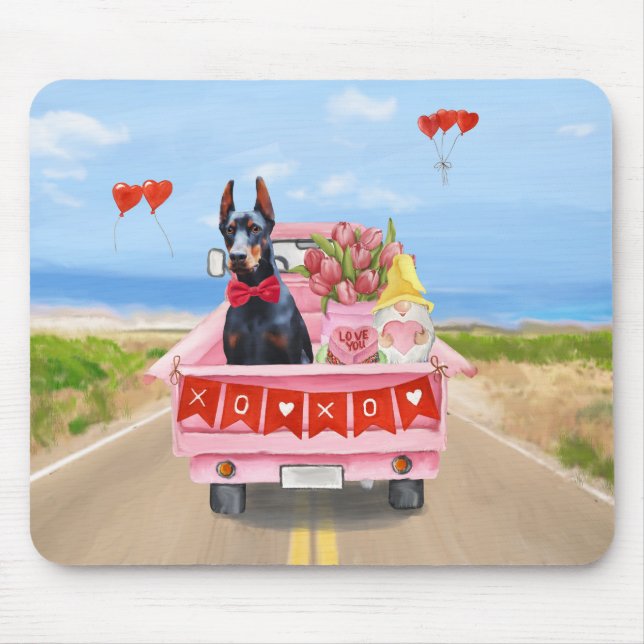 Tapis De Souris Doberman Chien Saint-Valentin Coeurs de camion (Devant)