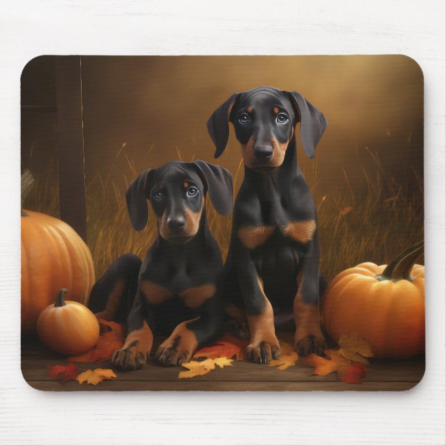 Tapis De Souris Doberman Chiot Automne Citrouille de plaisir (Devant)