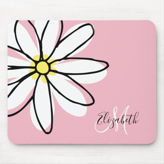 Tapis De Souris Doodle tiré marguerite rose blanche Monogramme mig (Devant)