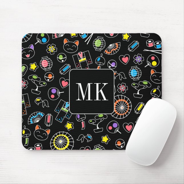 Tapis De Souris Doodles japonais Kawaii sur initiales de monogramm (Avec souris)