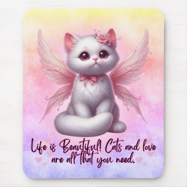 Tapis De Souris Douce petite chatte ange avec des ailes la vie est (Devant)